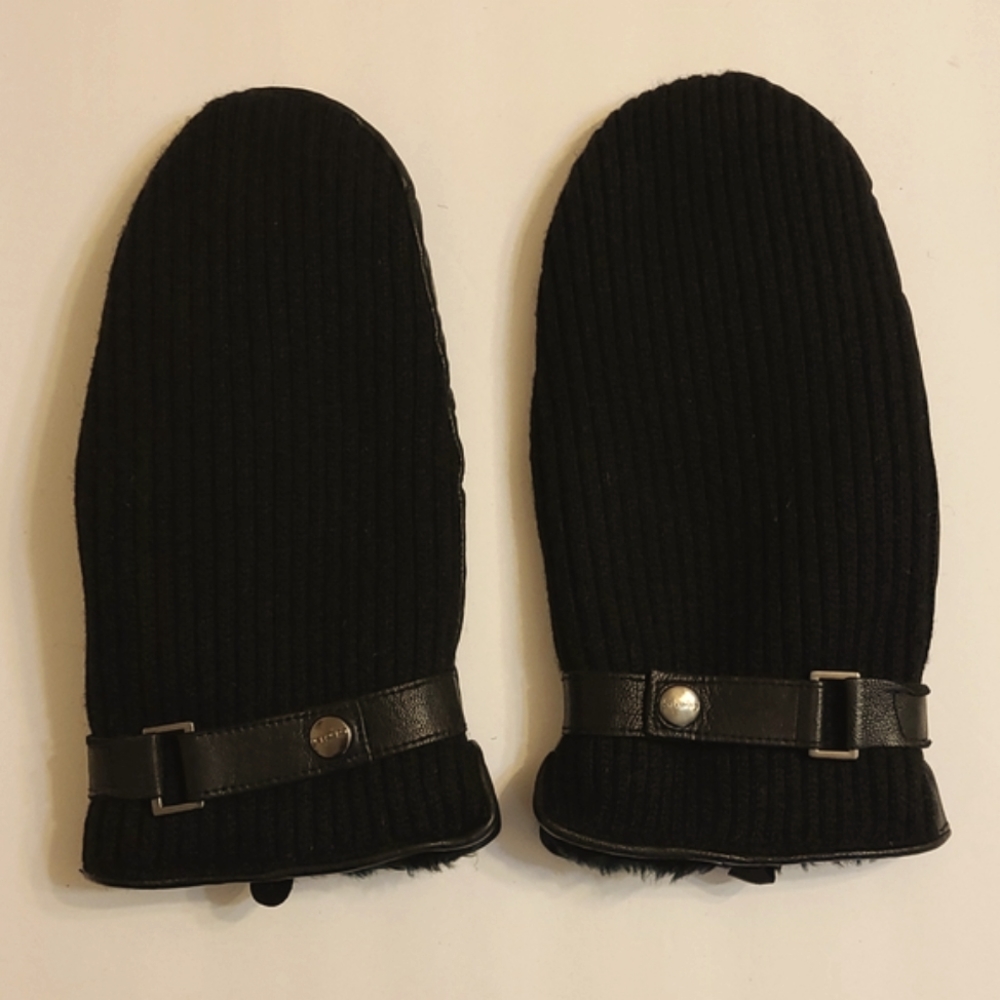 Calvin Klein Faux Fur Lined Leather and Polyester Blend Mittens